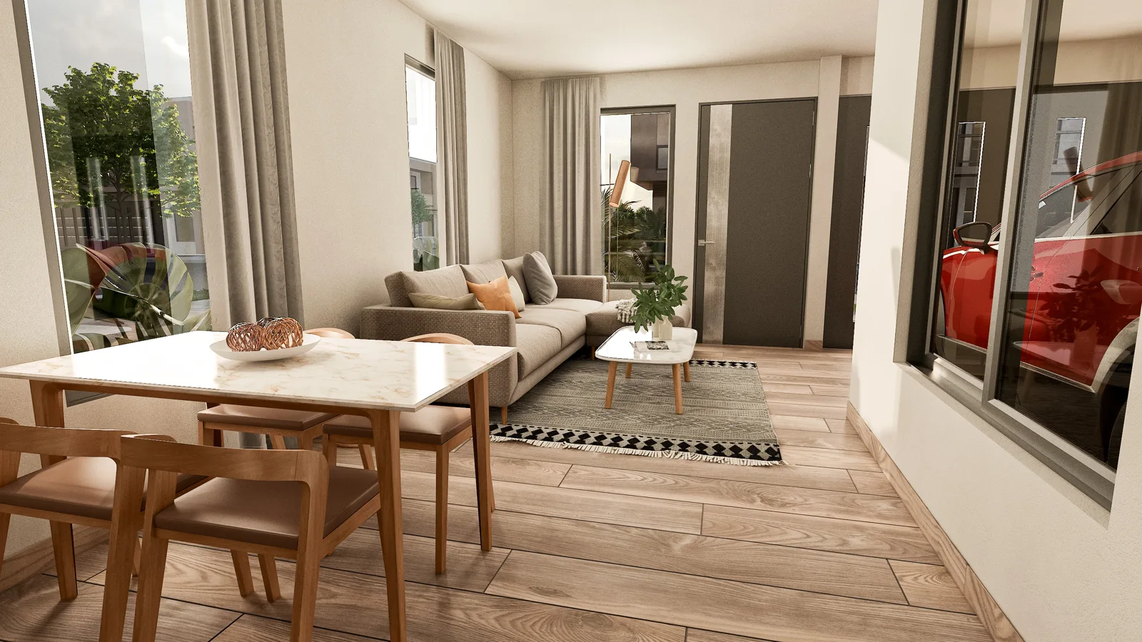 Render de un posible comedor conectado con la sala