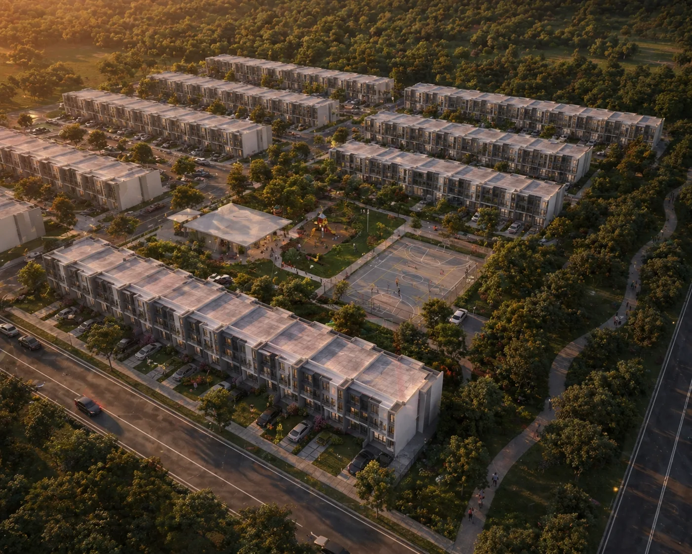 Render conceptual de conjunto y zonas sociales, no estado de obra actual