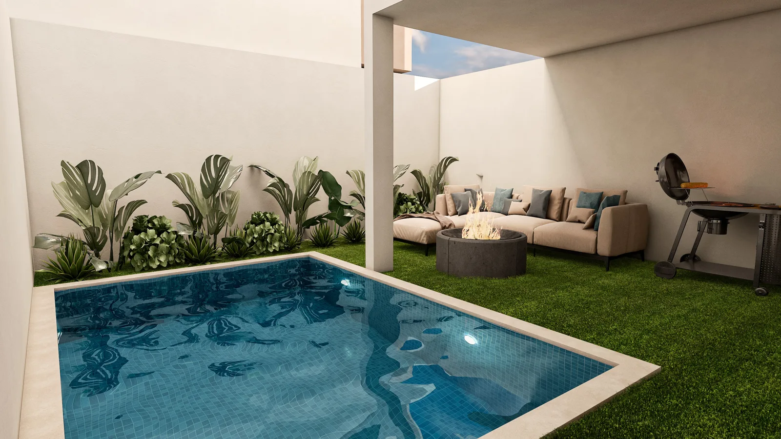 Render ilustrativo de patio privado con piscina, no amenidad común